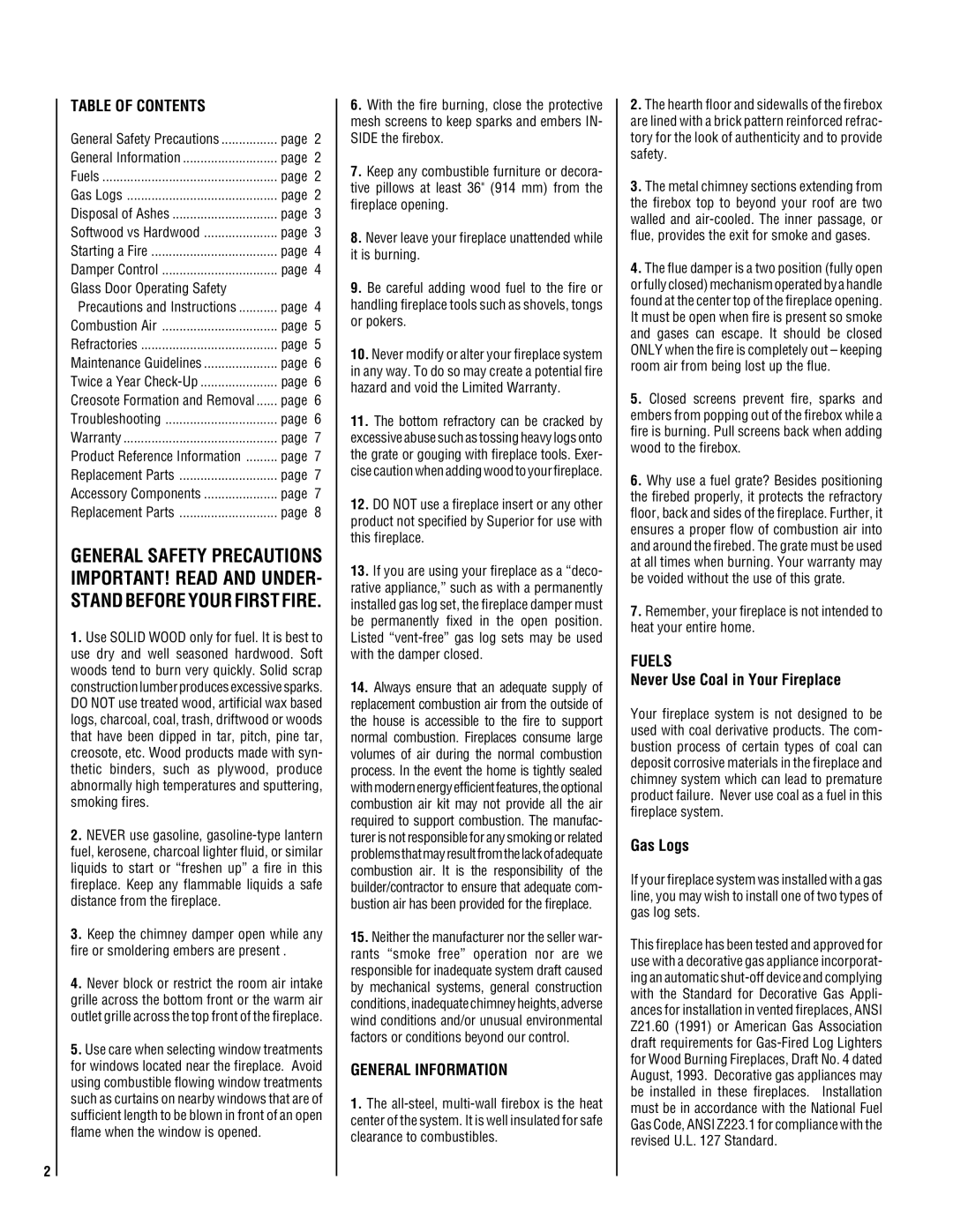 TOA Electronics BCF-3885 manual Table of Contents, General Information, Fuels 