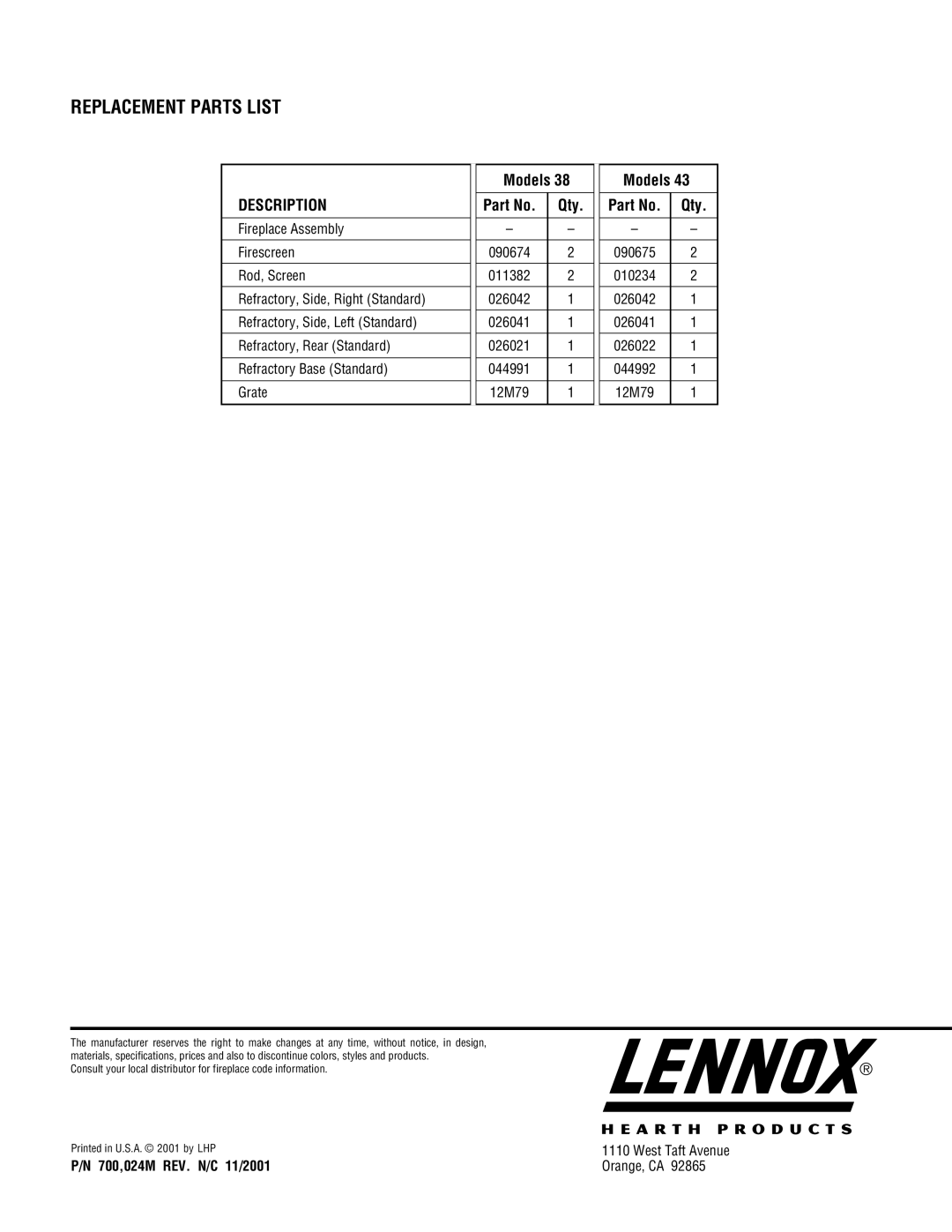 TOA Electronics BCF-3885 manual Replacement Parts List, Models, Description 