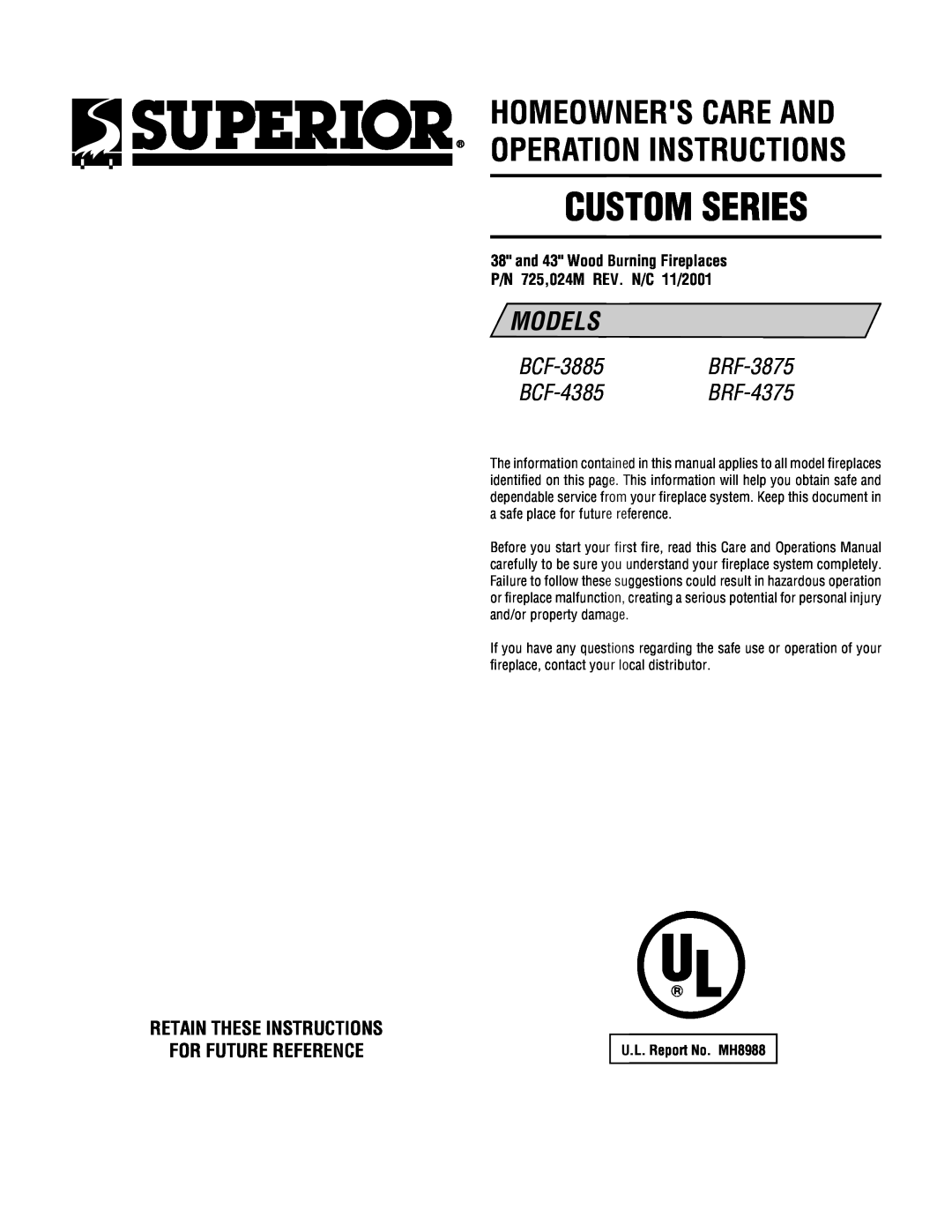 TOA Electronics BCF-3885 manual Retain These Instructions For Future Reference, Custom Series, Models 