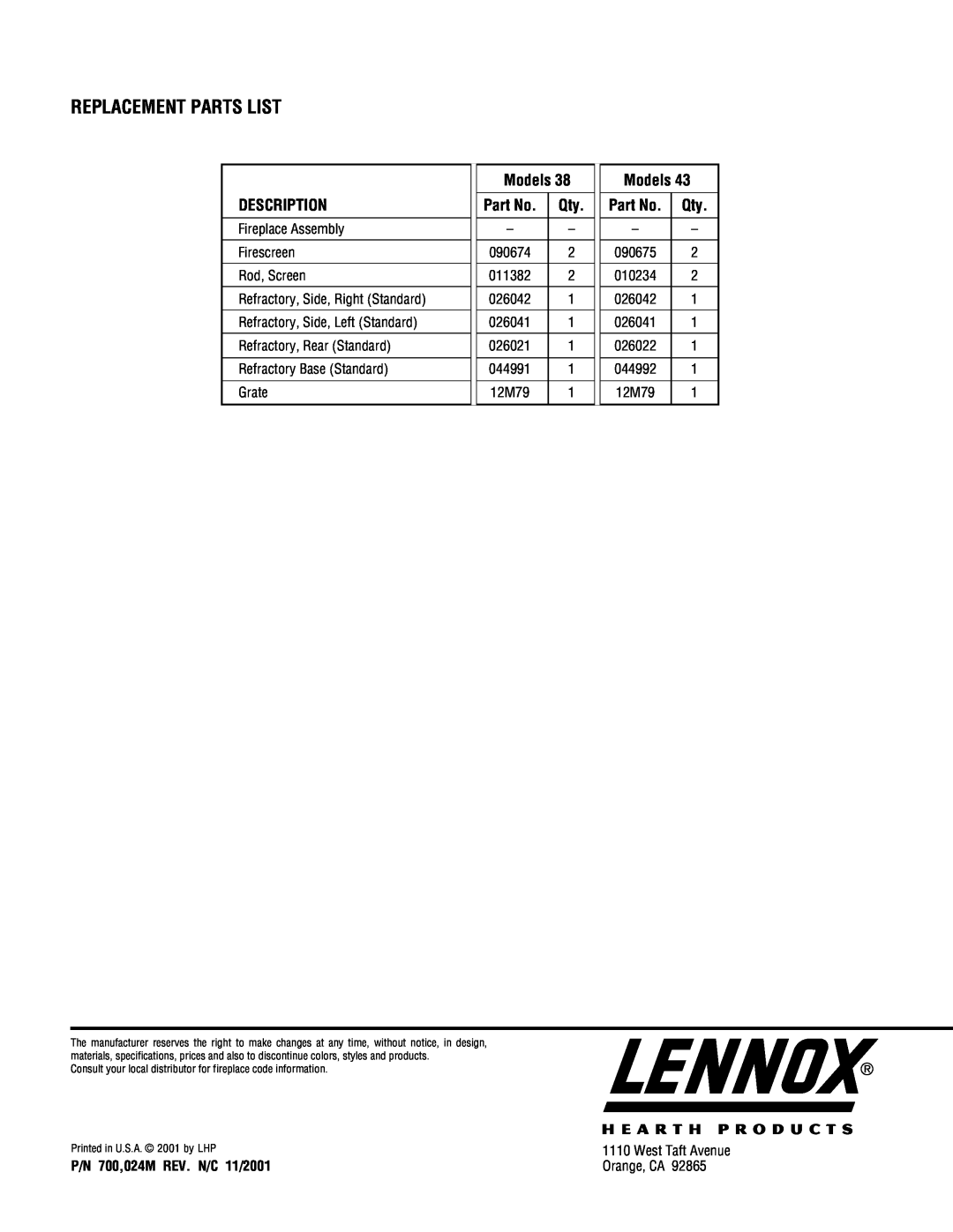 TOA Electronics BCF-3885 manual Replacement Parts List, Models, Description, P/N 700,024M REV. N/C 11/2001 