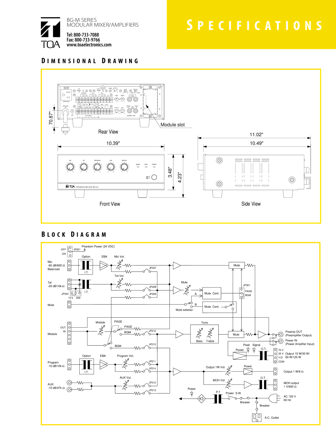 TOA Electronics BG-1020, BG-M Series warranty M E N S I O N a L D R a W I N G, Side View, O C K D I a G R a M 