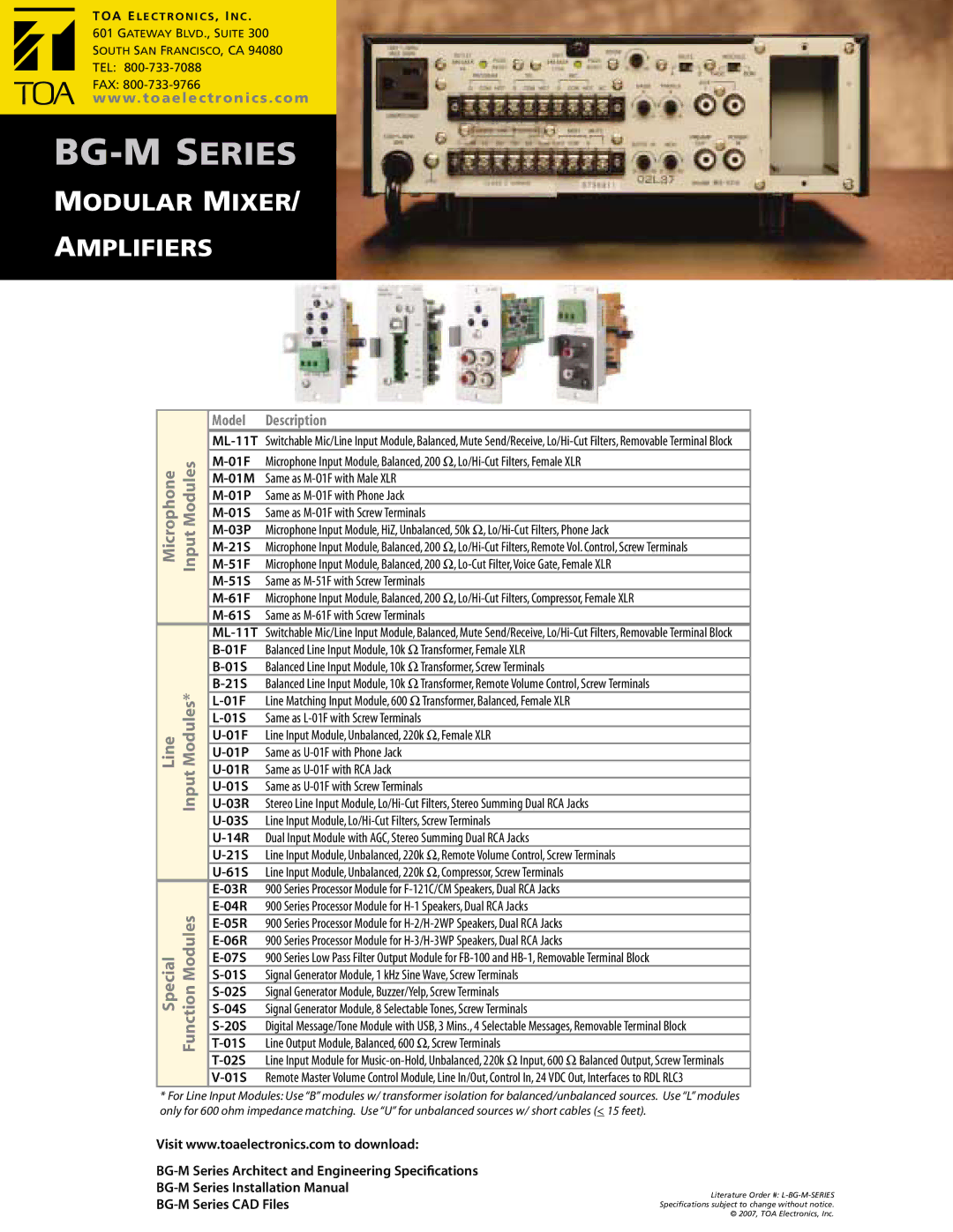 TOA Electronics BG-M Series, BG-1020 warranty Modular Mixer Amplifiers 