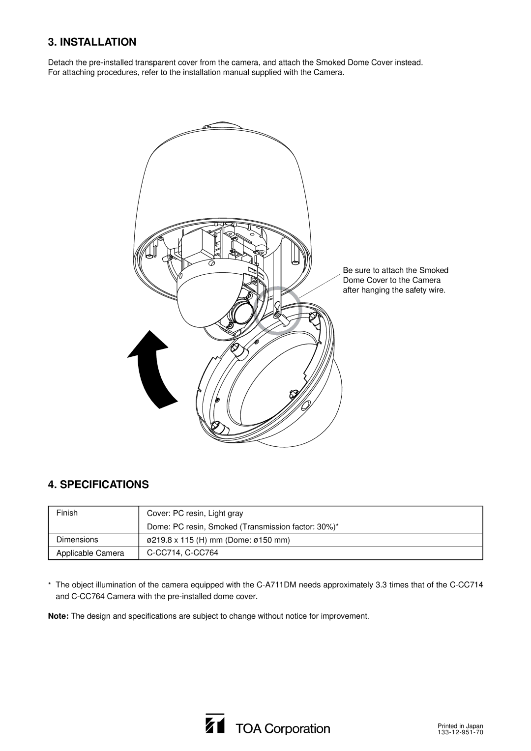 TOA Electronics C-A711DM instruction manual Installation, Specifications 