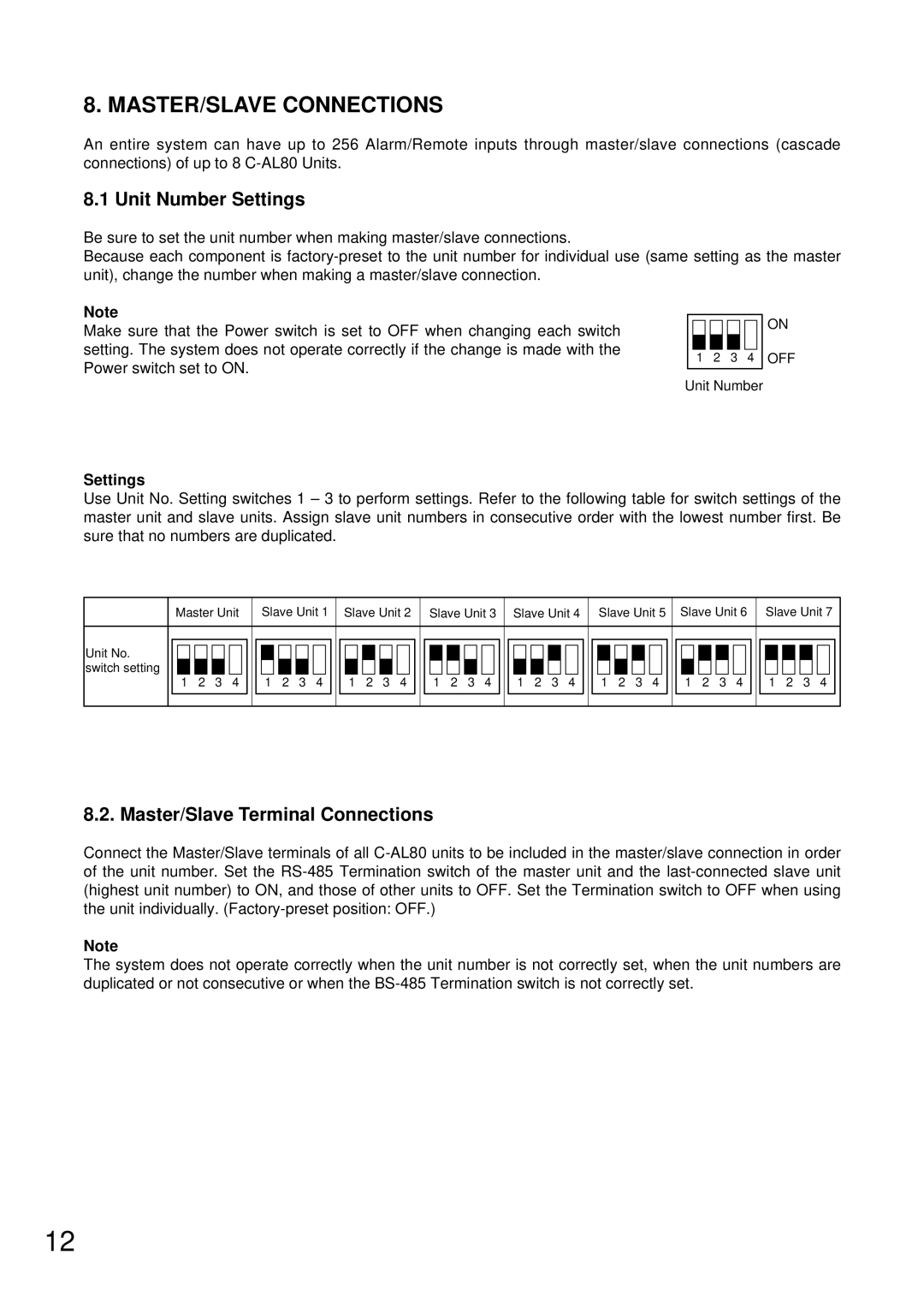 TOA Electronics C-AL80(L), C-AL80(H) MASTER/SLAVE Connections, Unit Number Settings, Master/Slave Terminal Connections 