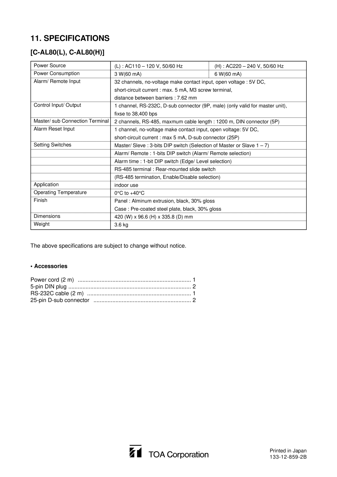 TOA Electronics C-AL80(L), C-AL80(H) instruction manual Specifications C-AL80L, C-AL80H, Accessories 