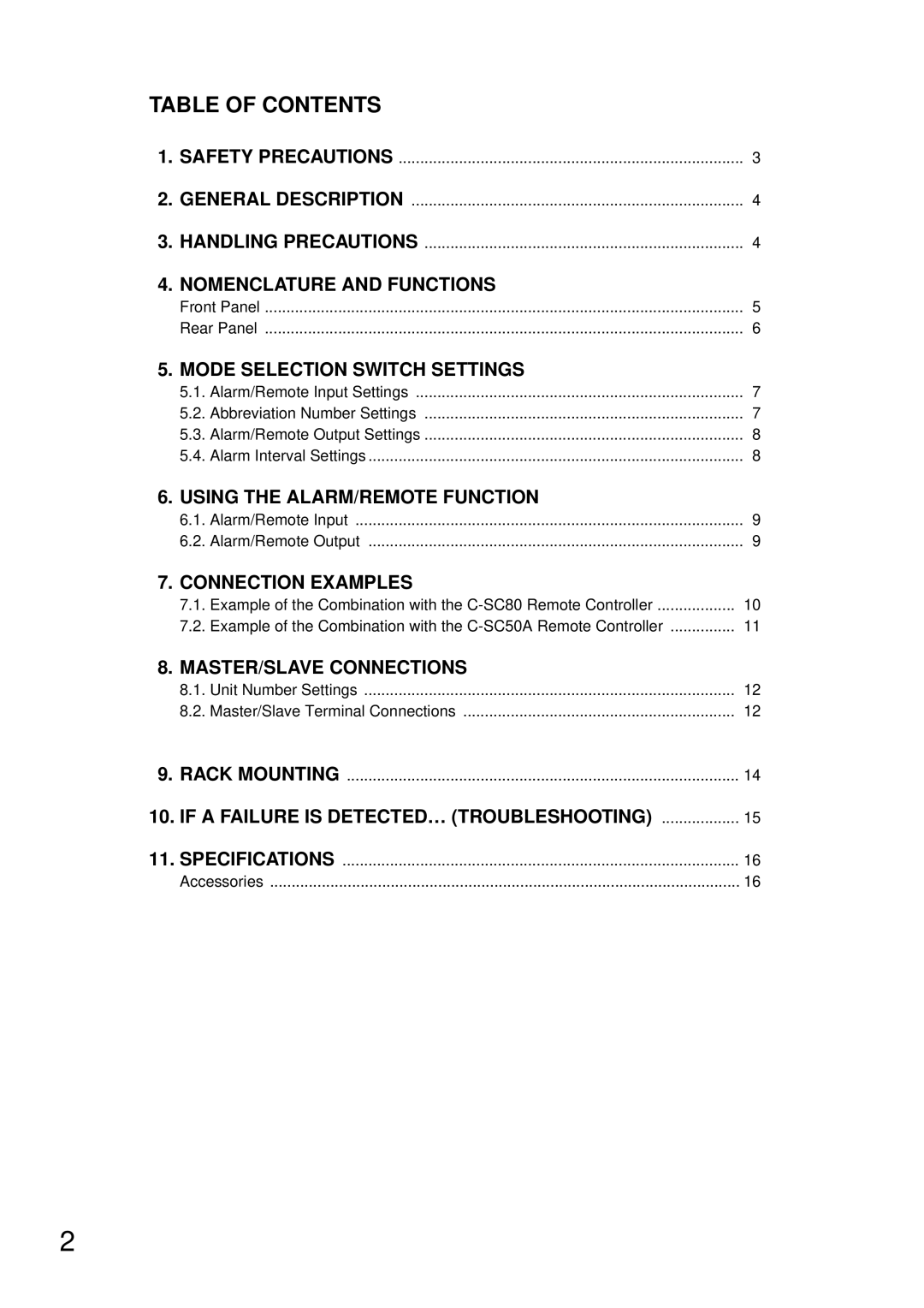 TOA Electronics C-AL80(L), C-AL80(H) instruction manual Table of Contents 