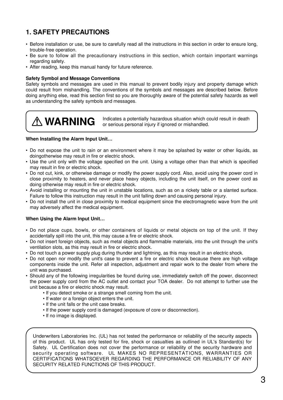 TOA Electronics C-AL80(H) Safety Precautions, Safety Symbol and Message Conventions, When Installing the Alarm Input Unit… 