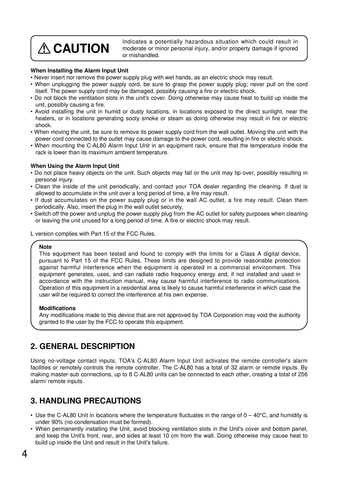 TOA Electronics C-AL80(L) General Description, Handling Precautions, When Installing the Alarm Input Unit, Modifications 