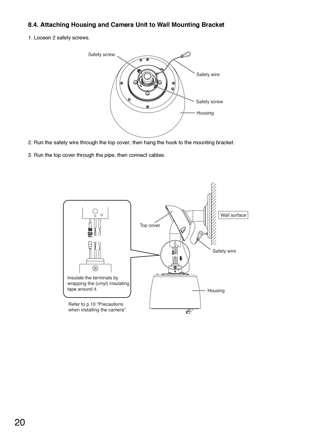 TOA Electronics C-CC714 NT installation manual Attaching Housing and Camera Unit to Wall Mounting Bracket 