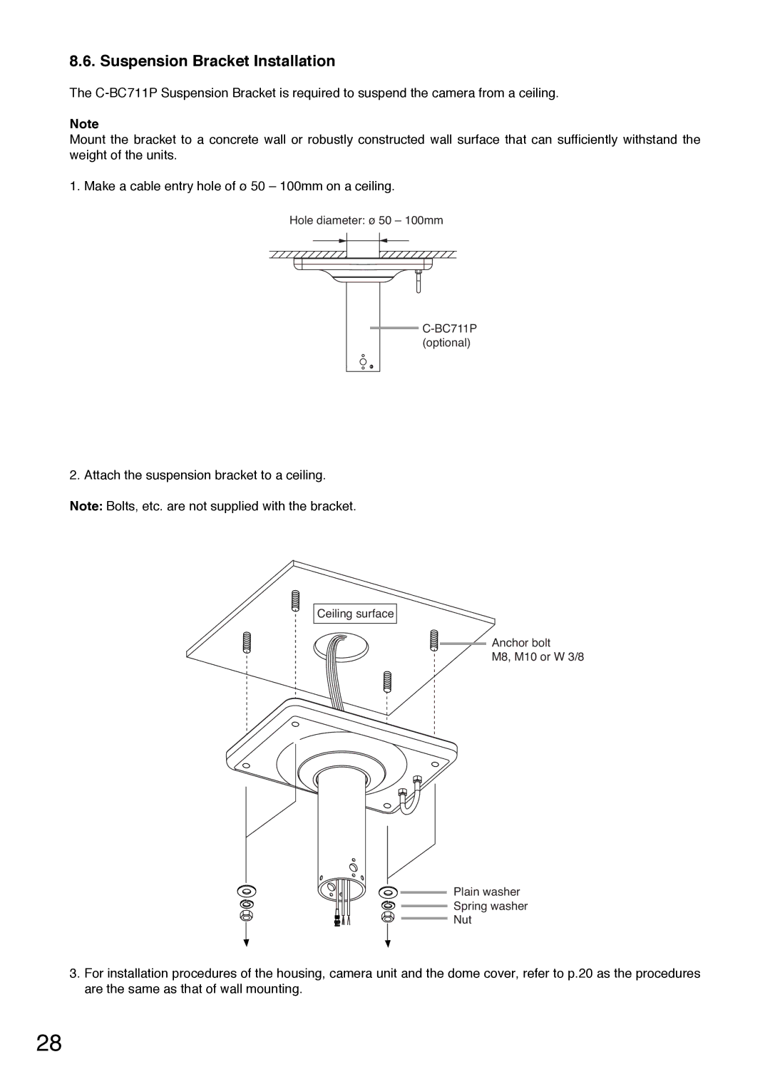 TOA Electronics C-CC714 NT installation manual Suspension Bracket Installation 