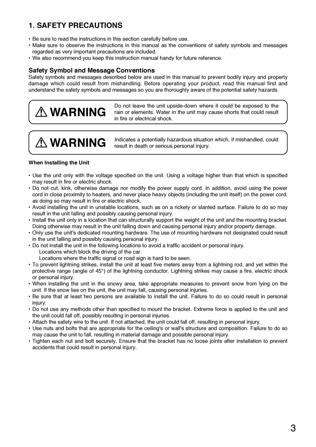 TOA Electronics C-CC714 NT Safety Precautions, Safety Symbol and Message Conventions, When Installing the Unit 