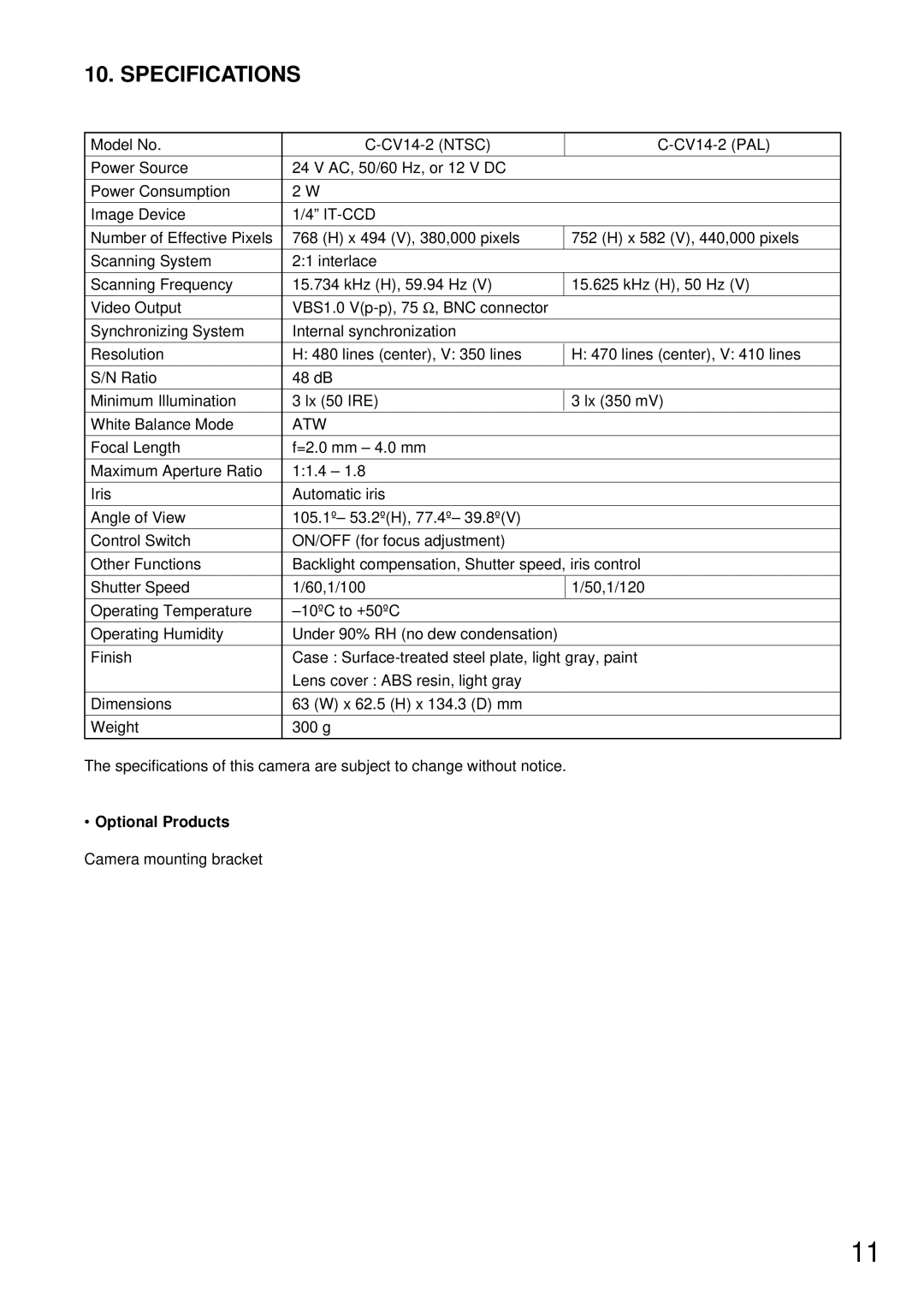 TOA Electronics C-CV14-2 NTSC instruction manual Specifications, Optional Products 