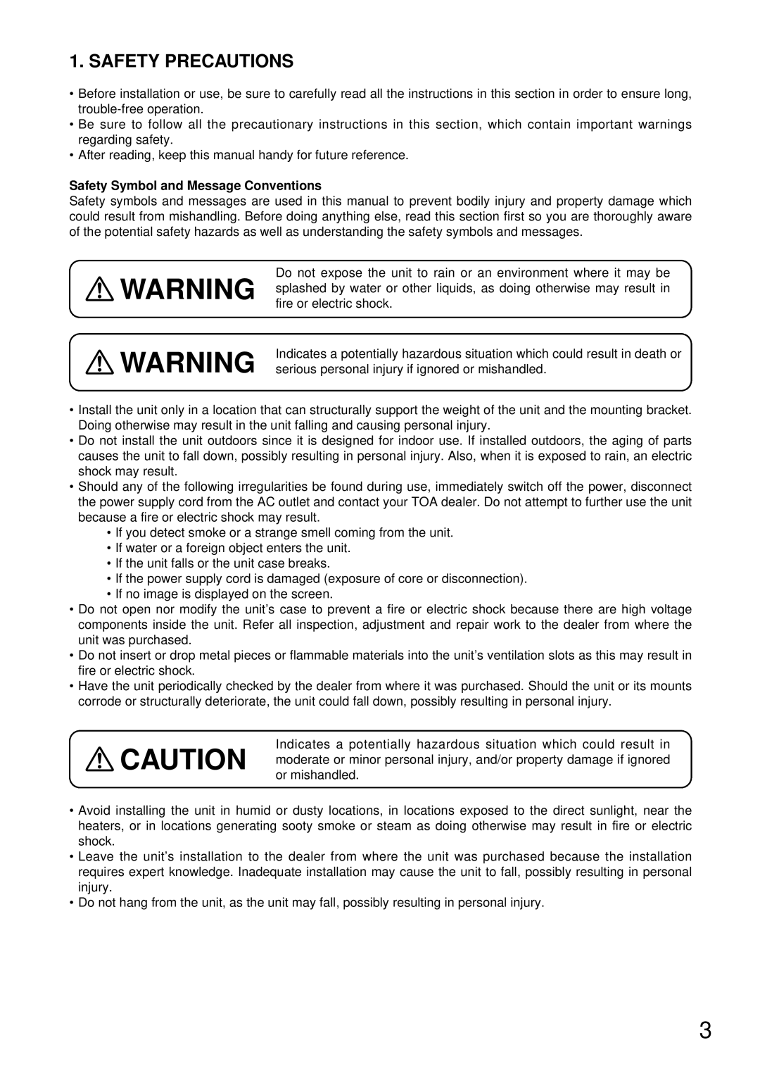 TOA Electronics C-CV14-2 NTSC instruction manual Safety Precautions, Safety Symbol and Message Conventions 