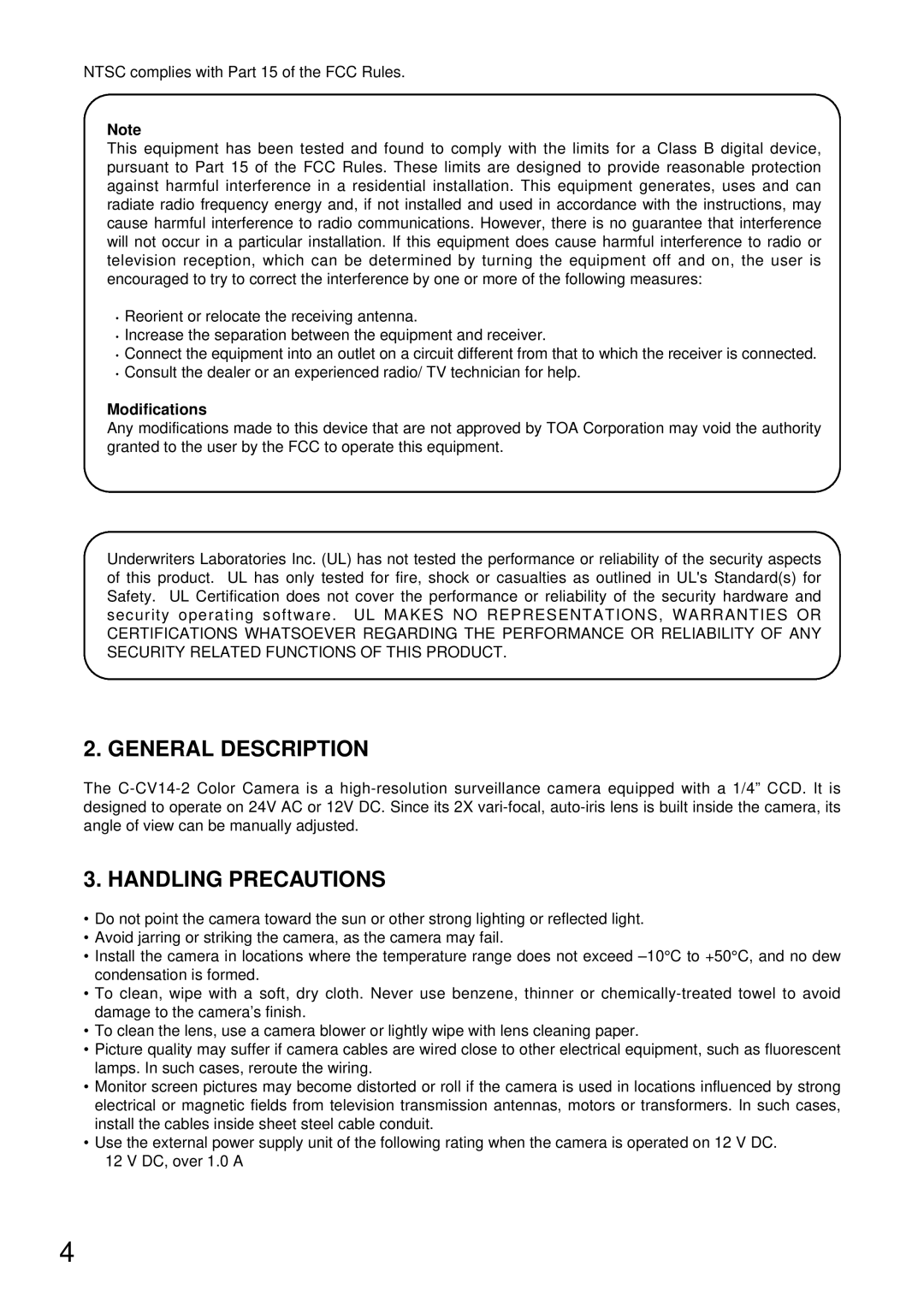 TOA Electronics C-CV14-2 NTSC instruction manual General Description, Handling Precautions, Modifications 