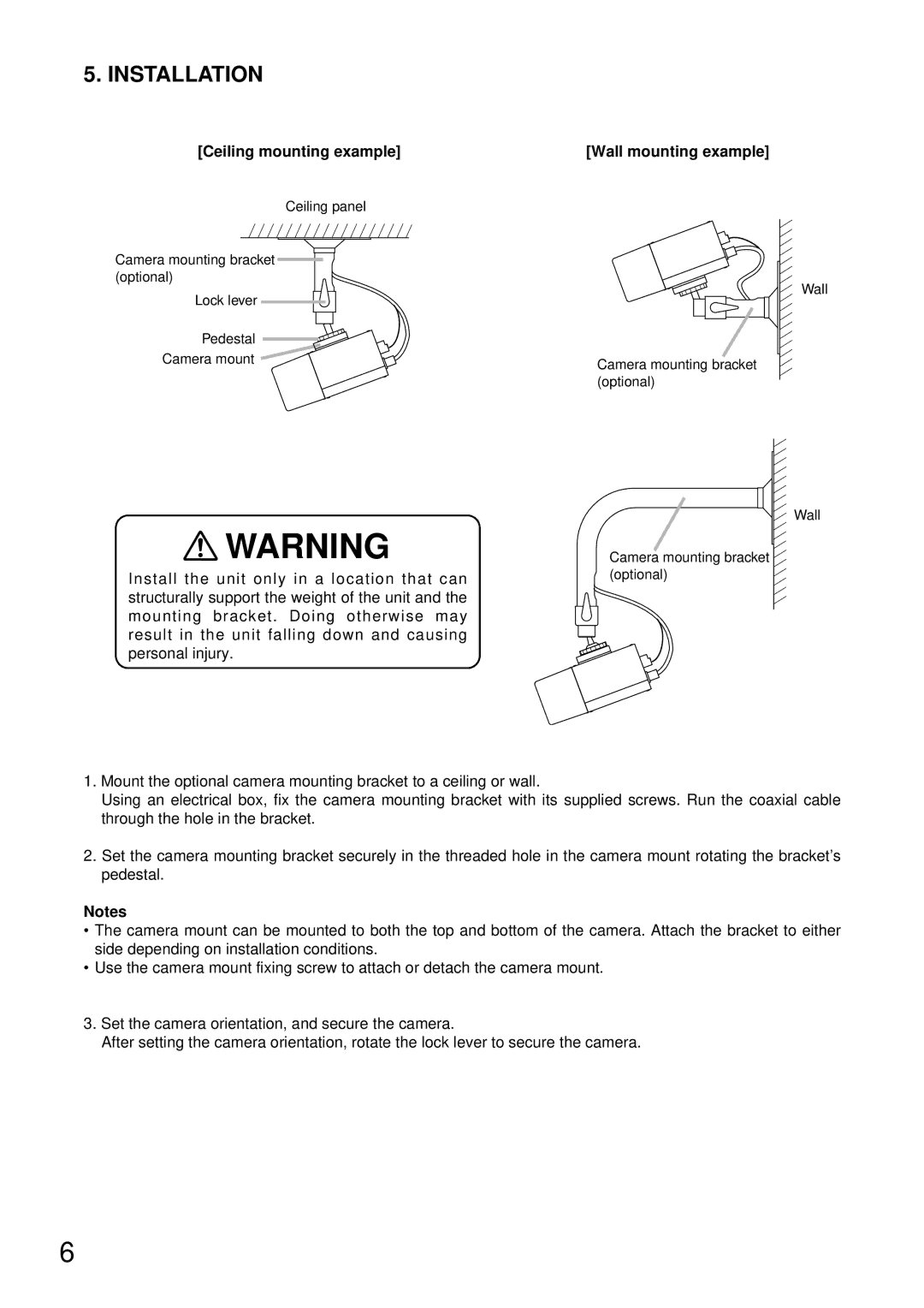 TOA Electronics C-CV14-2 NTSC instruction manual Installation, Ceiling mounting example, Wall mounting example 