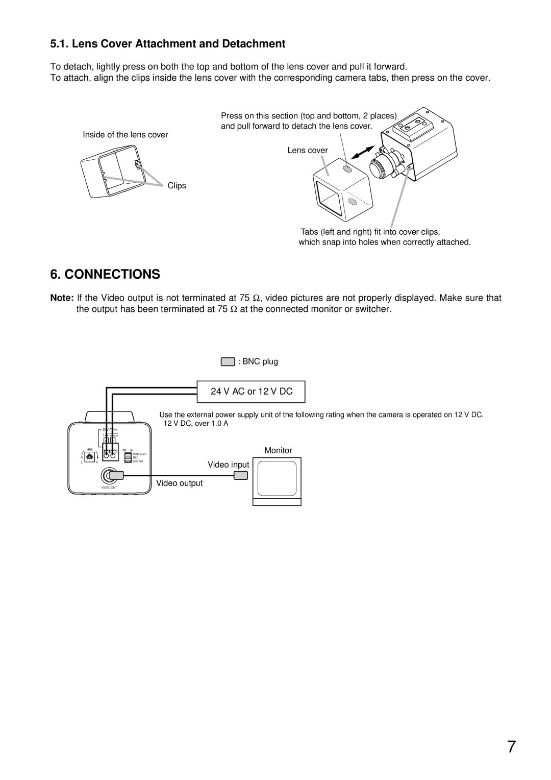 TOA Electronics C-CV14-2 NTSC instruction manual Connections, Lens Cover Attachment and Detachment 