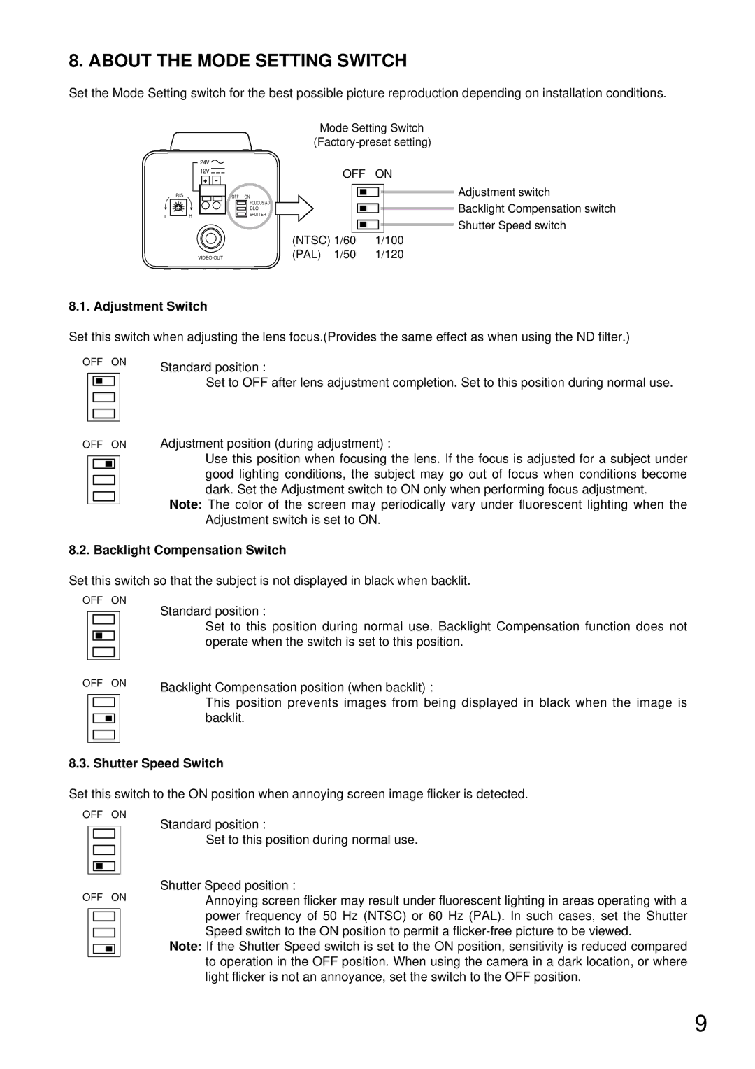 TOA Electronics C-CV14-2 NTSC About the Mode Setting Switch, Adjustment Switch, Backlight Compensation Switch 