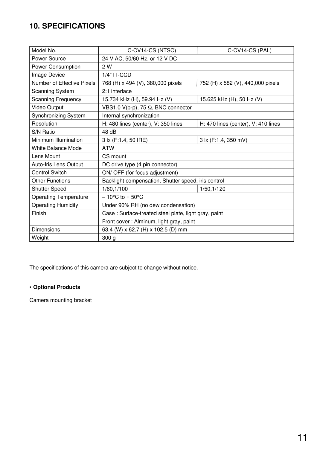 TOA Electronics C-CV14-CS PAL instruction manual Specifications, Optional Products 