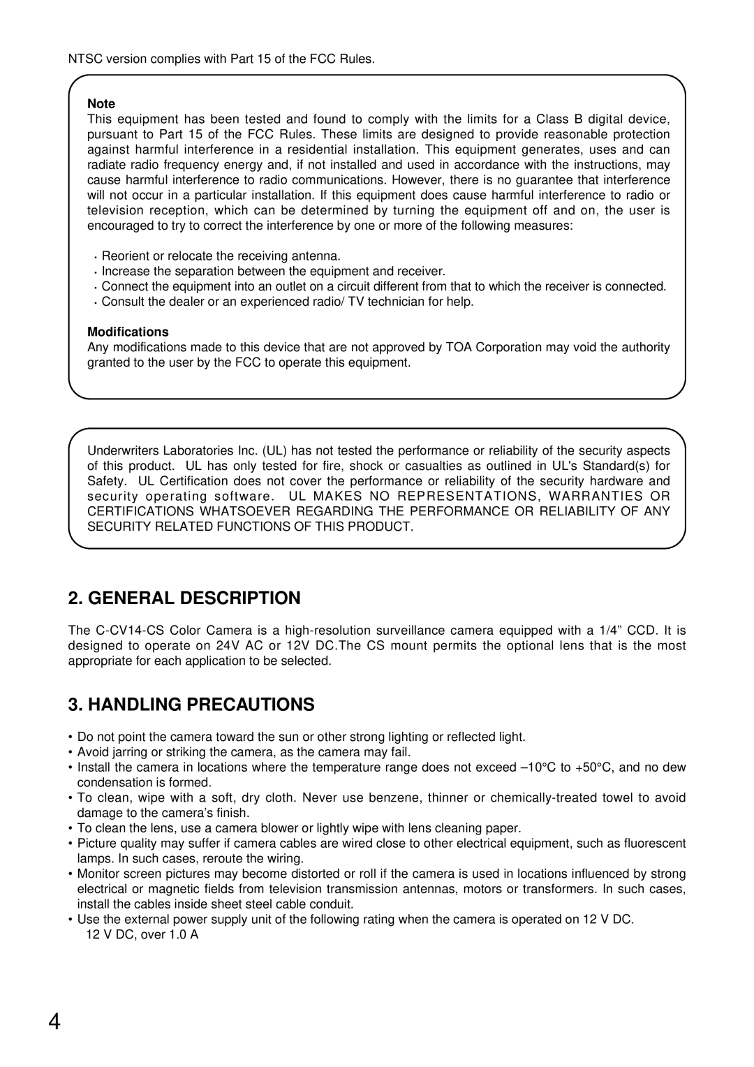 TOA Electronics C-CV14-CS PAL instruction manual General Description, Handling Precautions, Modifications 