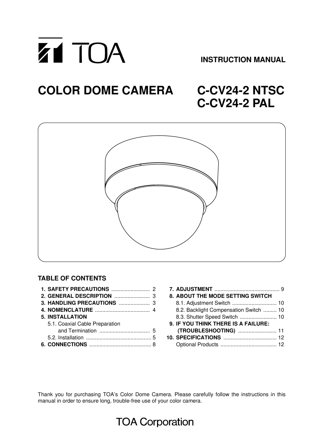 TOA Electronics C-CV24-2 NTSC instruction manual Color Dome Camera C-CV24-2 Ntsc C-CV24-2 PAL 