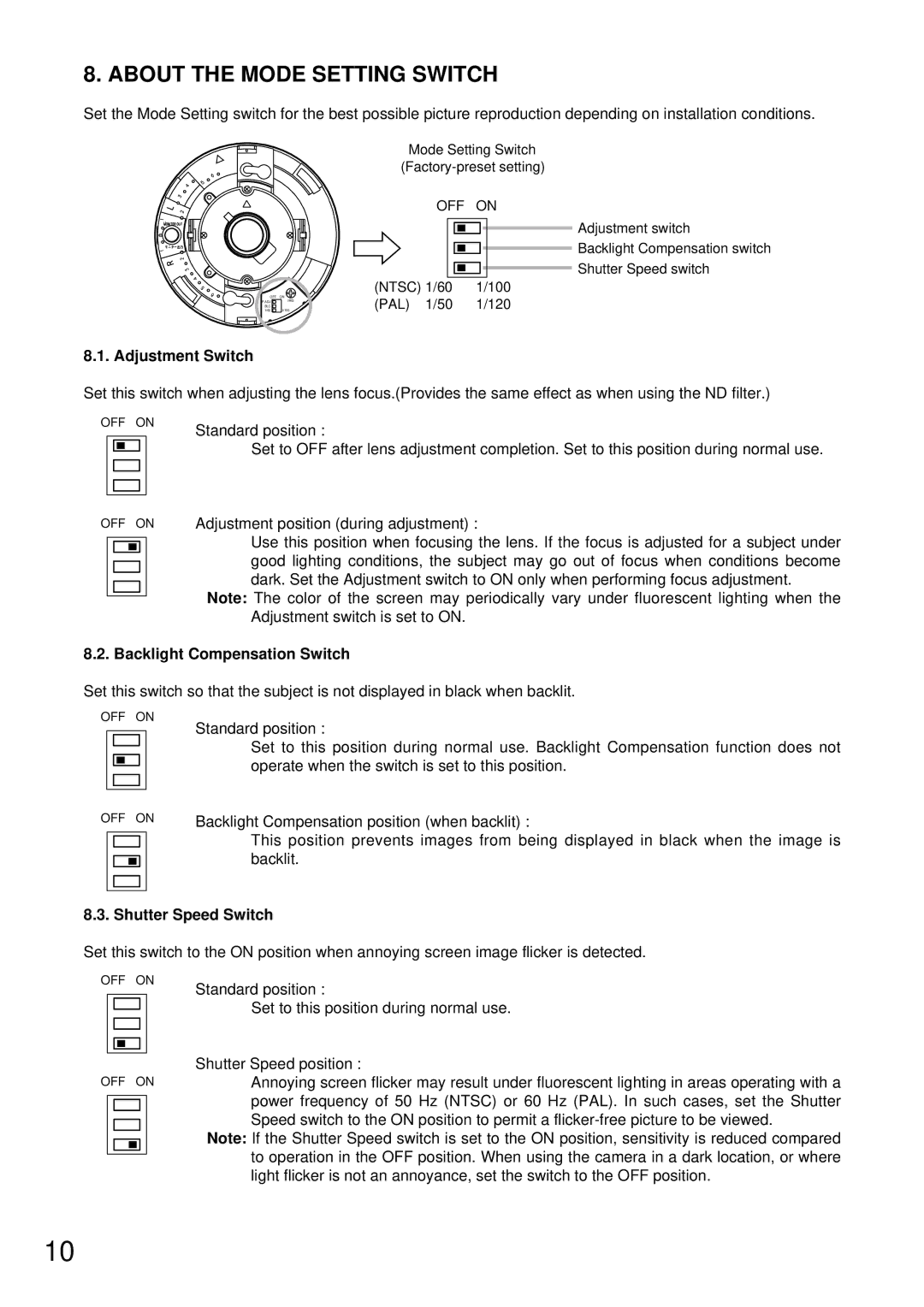 TOA Electronics C-CV24-2 NTSC instruction manual About the Mode Setting Switch, Adjustment Switch, Shutter Speed Switch 