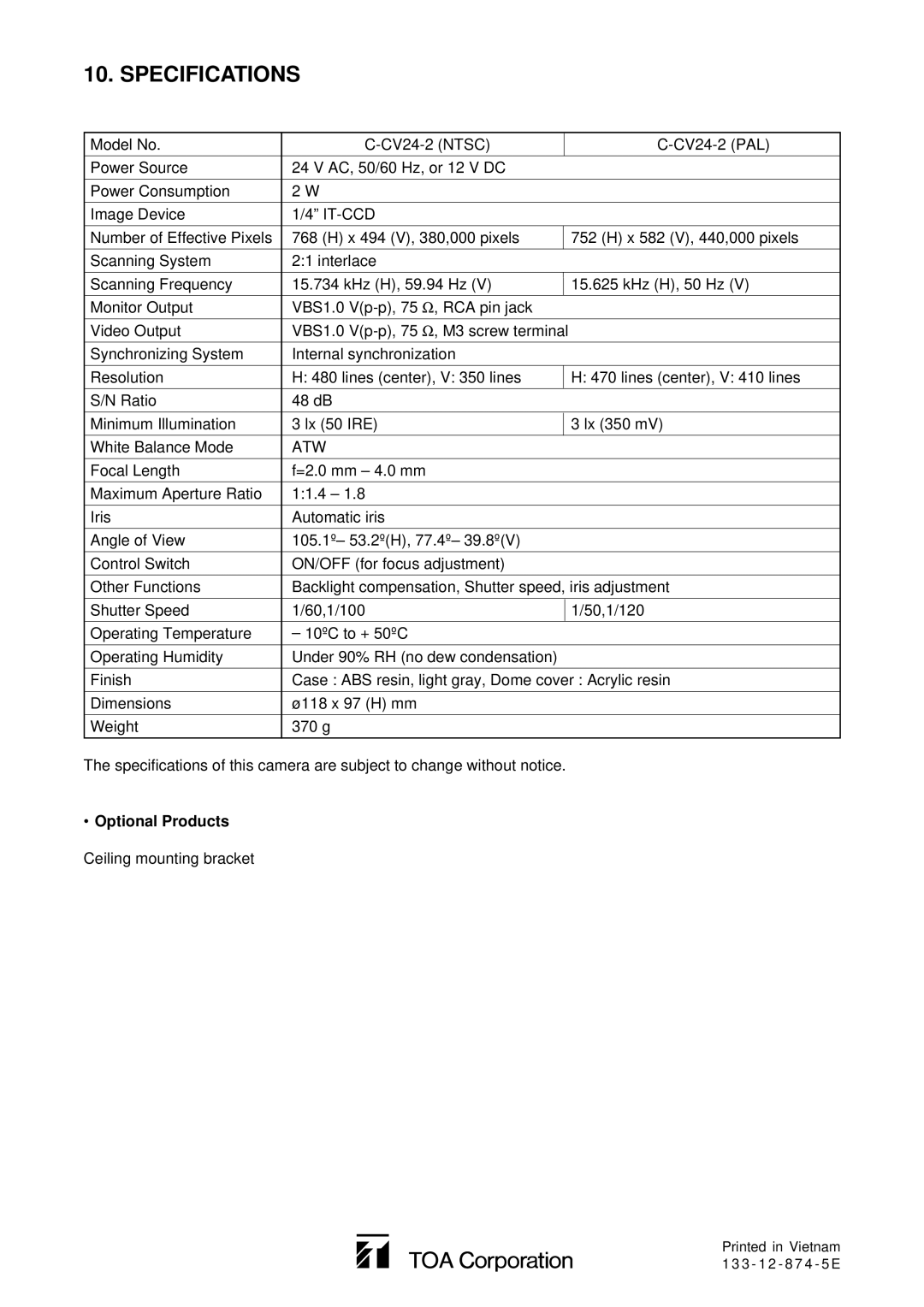 TOA Electronics C-CV24-2 NTSC instruction manual Specifications, Optional Products 