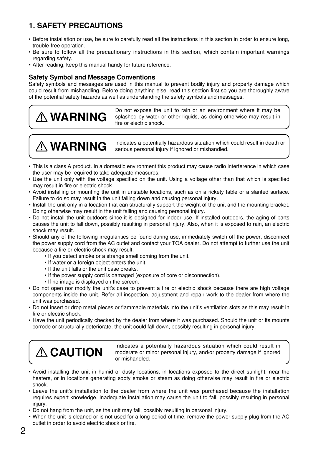 TOA Electronics C-CV24-2 NTSC instruction manual Safety Precautions, Safety Symbol and Message Conventions 