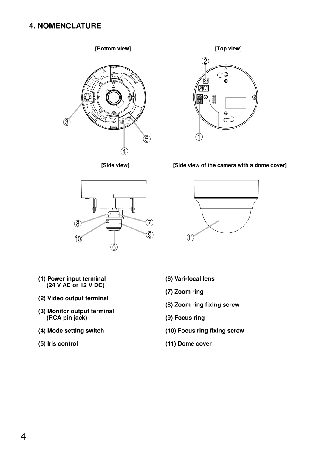 TOA Electronics C-CV24-2 NTSC Nomenclature, Bottom view, Top view, Side view of the camera with a dome cover 