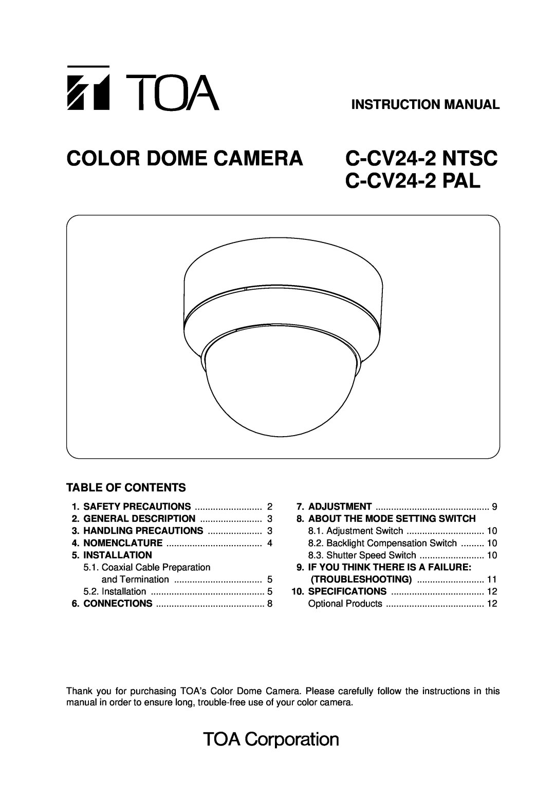 TOA Electronics C-CV24-2 NTSC instruction manual Instruction Manual, Table Of Contents 