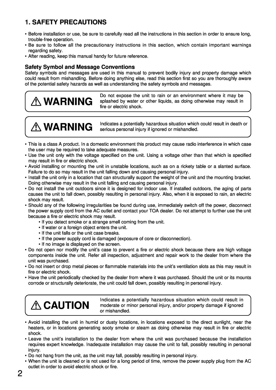 TOA Electronics C-CV24-2 NTSC instruction manual Safety Precautions, Safety Symbol and Message Conventions 