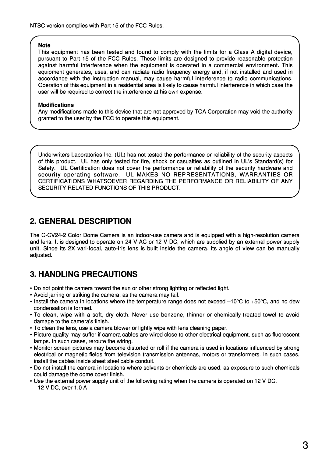 TOA Electronics C-CV24-2 NTSC instruction manual General Description, Handling Precautions, Modifications 