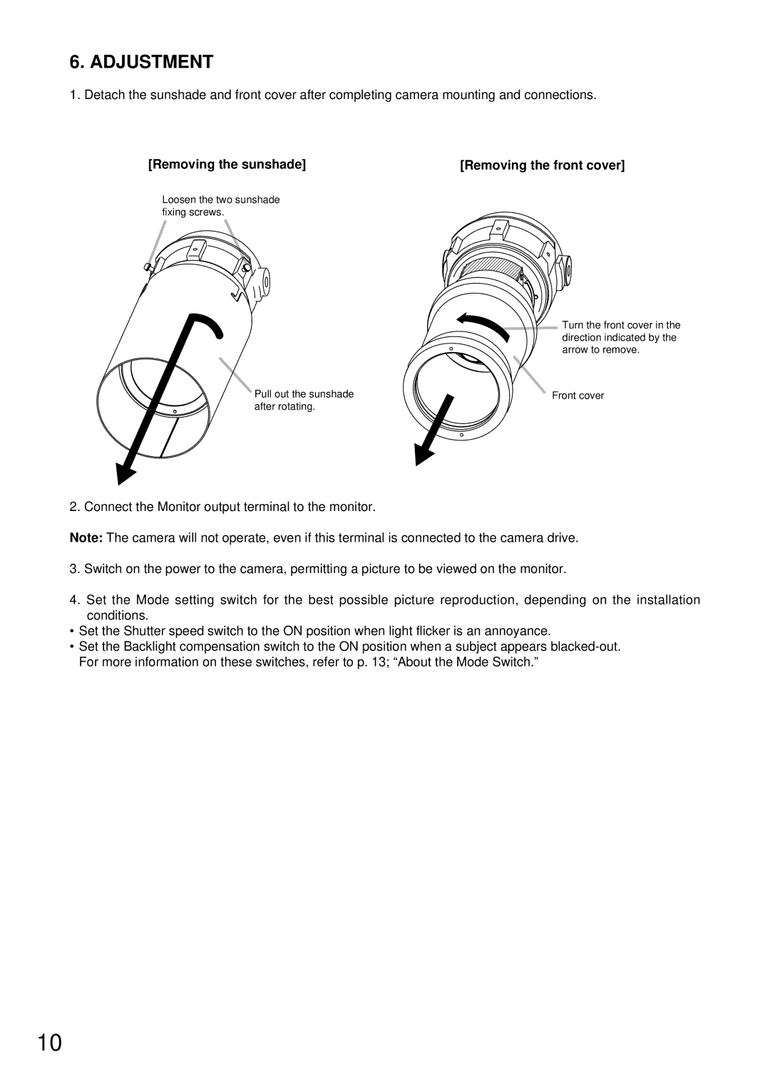 TOA Electronics C-CV44-3 NTSC instruction manual Adjustment, Removing the sunshade Removing the front cover 