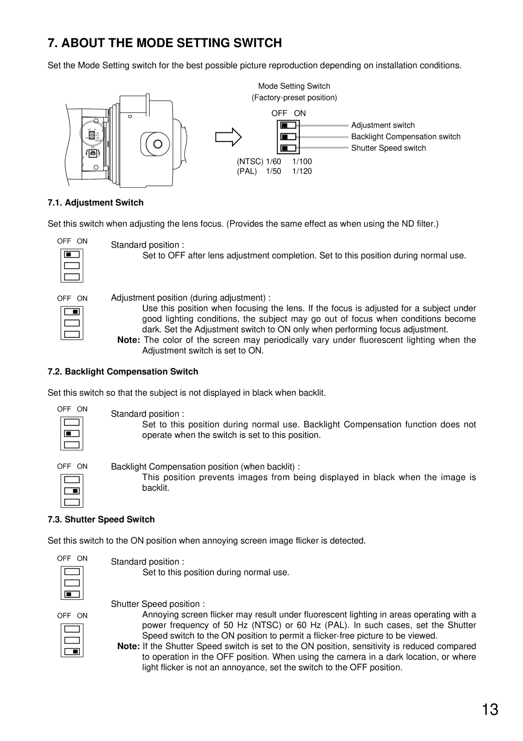 TOA Electronics C-CV44-3 NTSC About the Mode Setting Switch, Adjustment Switch, Backlight Compensation Switch 