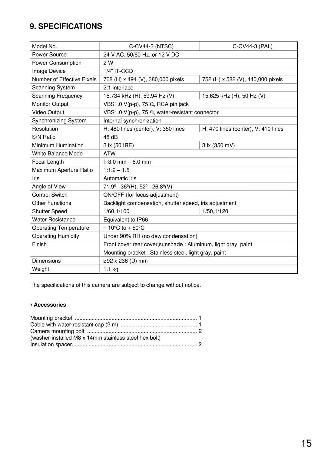 TOA Electronics C-CV44-3 NTSC instruction manual Specifications, Accessories 