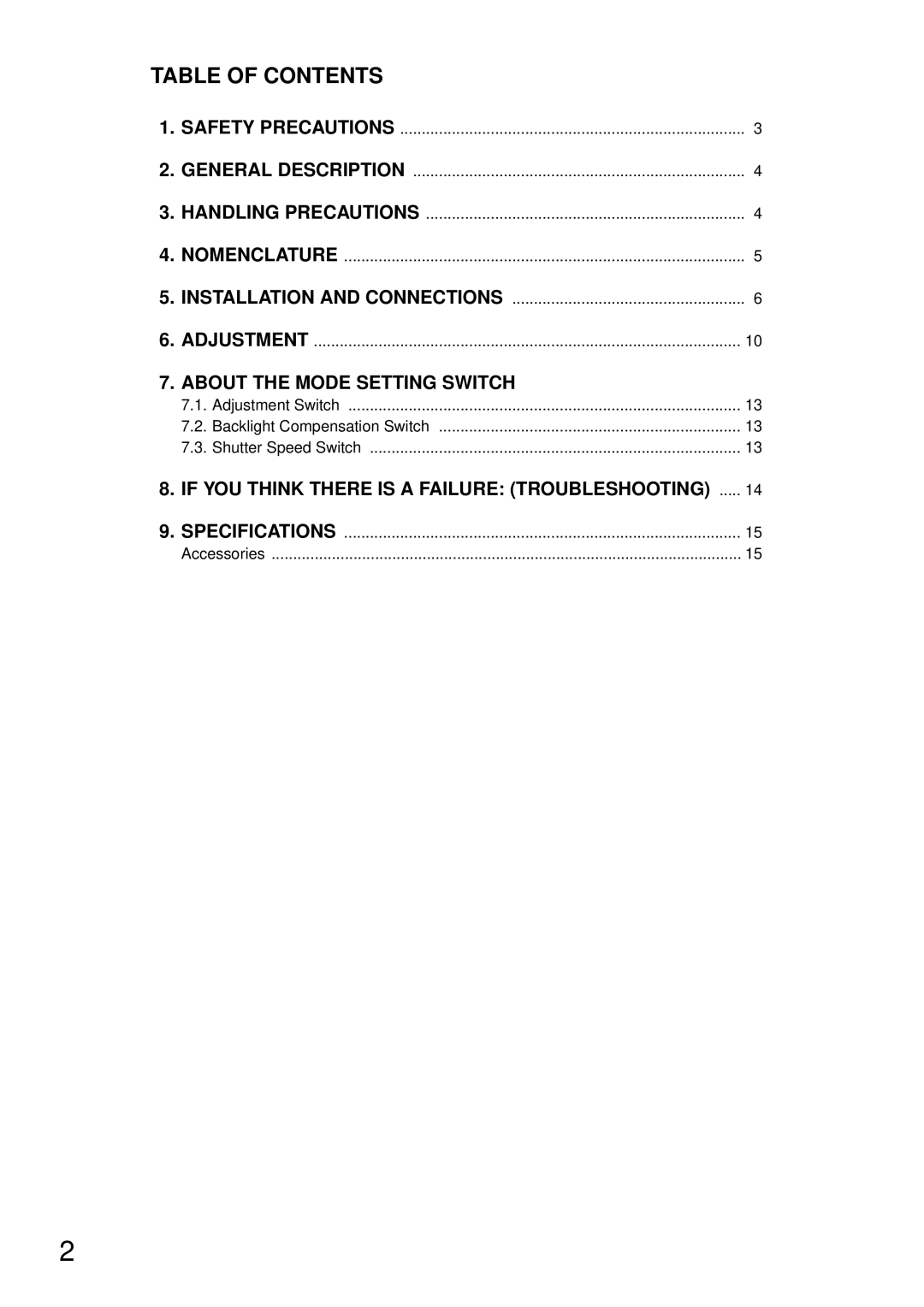 TOA Electronics C-CV44-3 NTSC instruction manual Table of Contents 