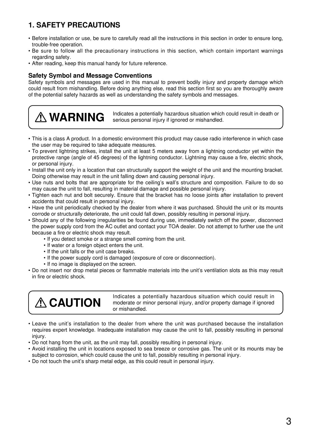 TOA Electronics C-CV44-3 NTSC instruction manual Safety Precautions, Safety Symbol and Message Conventions 