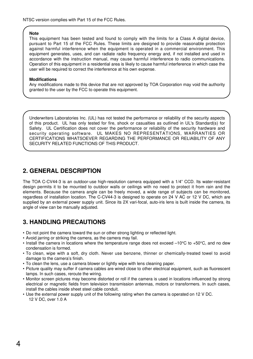 TOA Electronics C-CV44-3 NTSC instruction manual General Description, Handling Precautions, Modifications 