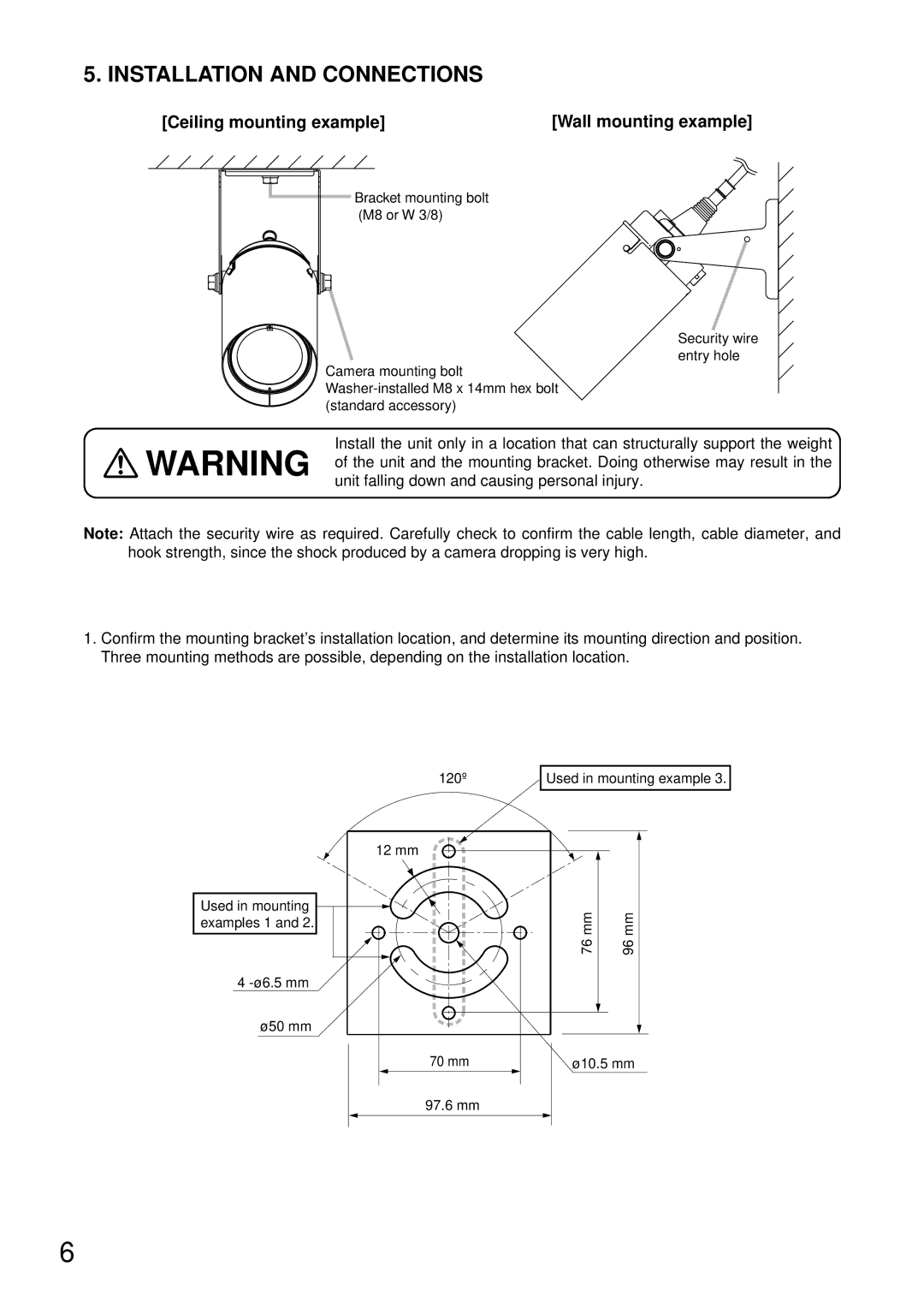 TOA Electronics C-CV44-3 NTSC Installation and Connections, Ceiling mounting example Wall mounting example 