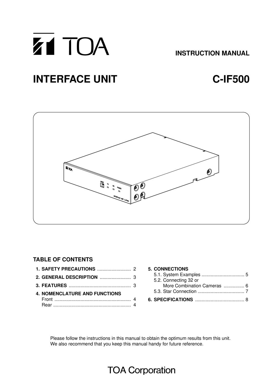 TOA Electronics C-IF500 instruction manual Interface Unit 