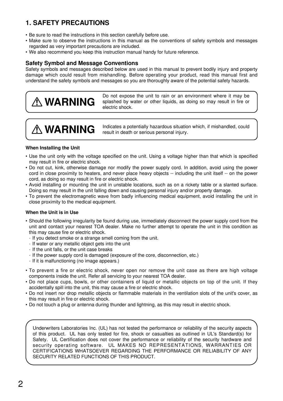 TOA Electronics C-IF500 Safety Precautions, Safety Symbol and Message Conventions, When Installing the Unit 