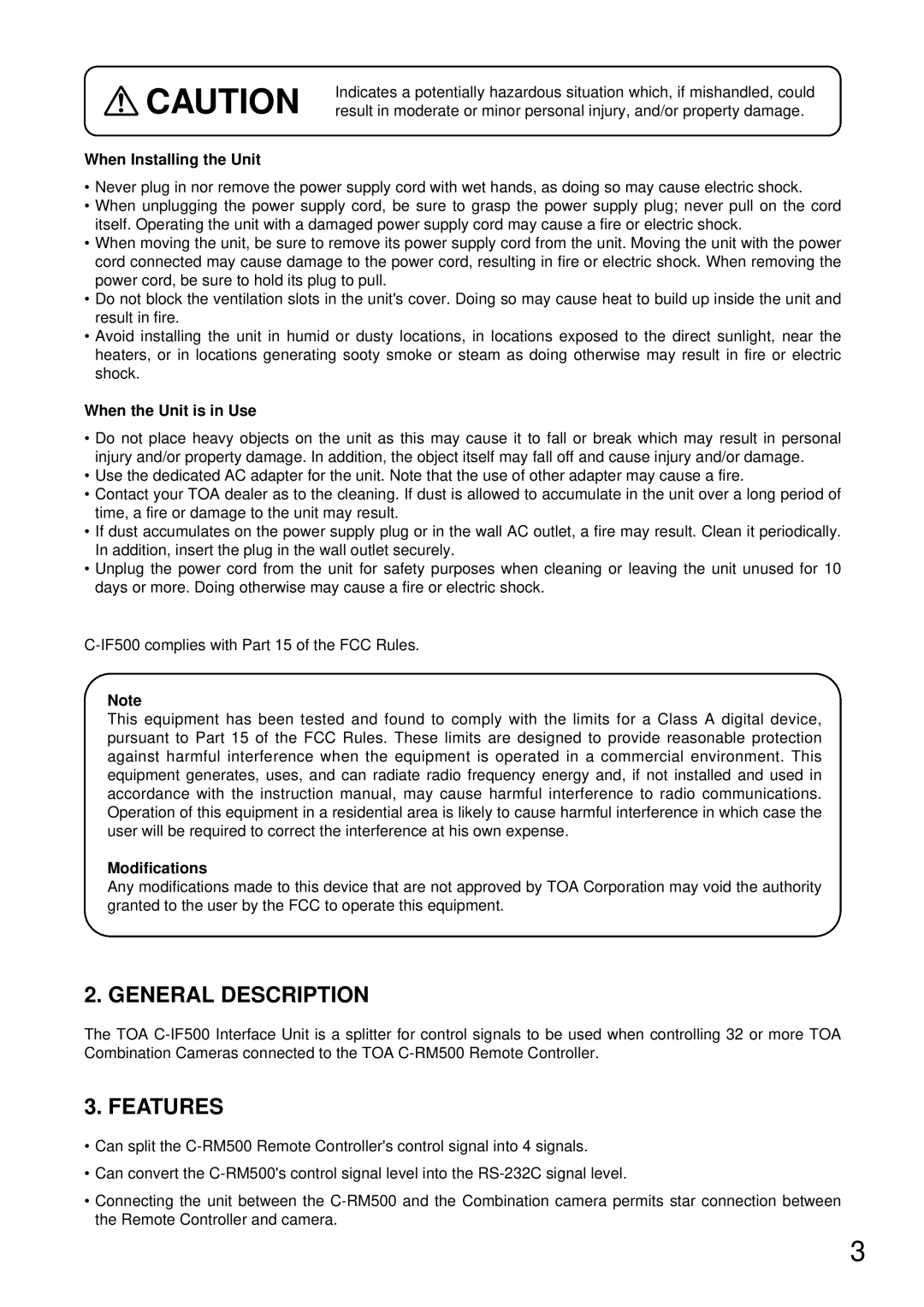 TOA Electronics C-IF500 instruction manual General Description, Features, Modifications 