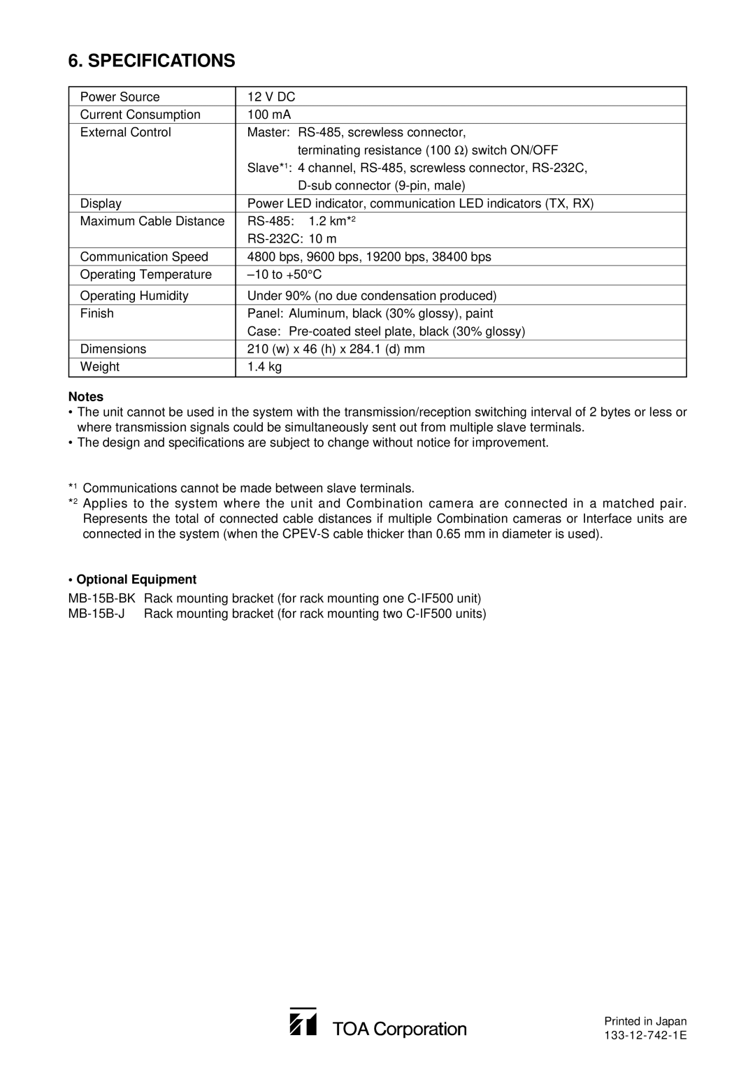 TOA Electronics C-IF500 instruction manual Specifications, Optional Equipment 