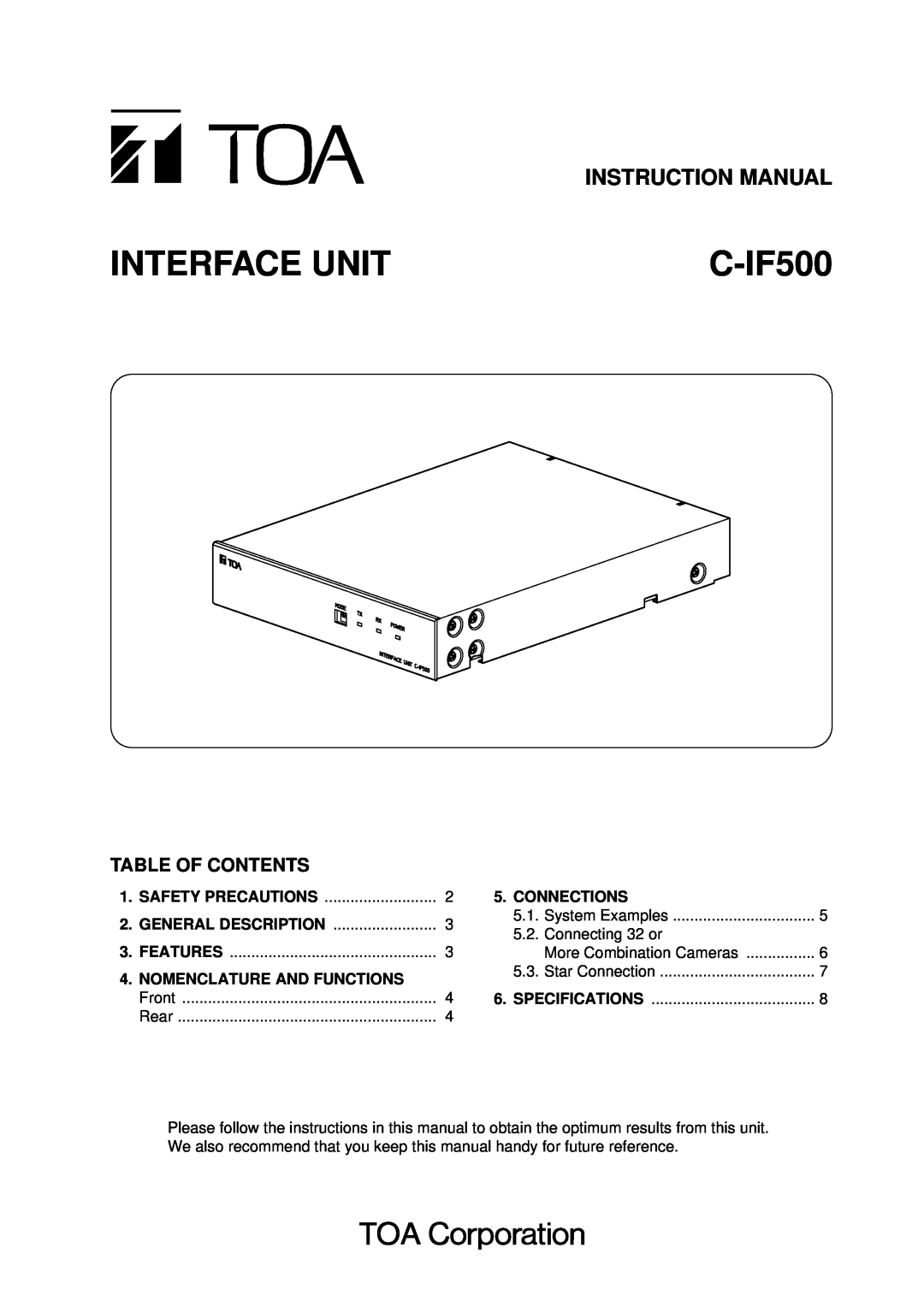 TOA Electronics C-IF500 instruction manual Instruction Manual, Table Of Contents, Interface Unit 