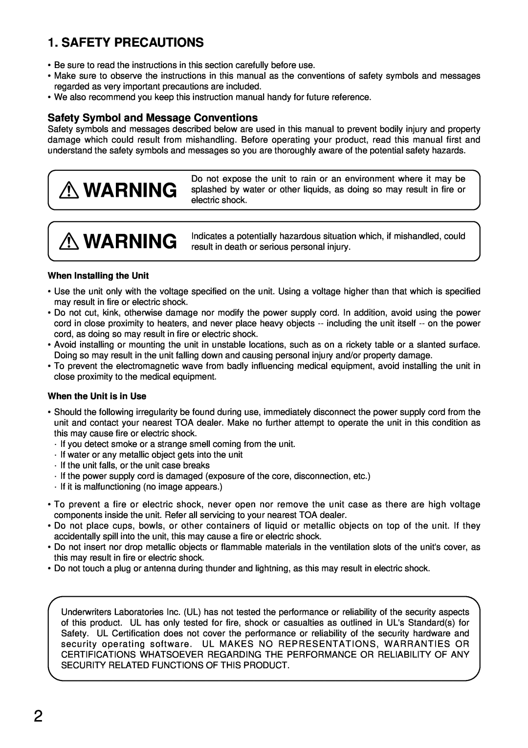 TOA Electronics C-IF500 instruction manual Safety Precautions, Safety Symbol and Message Conventions 