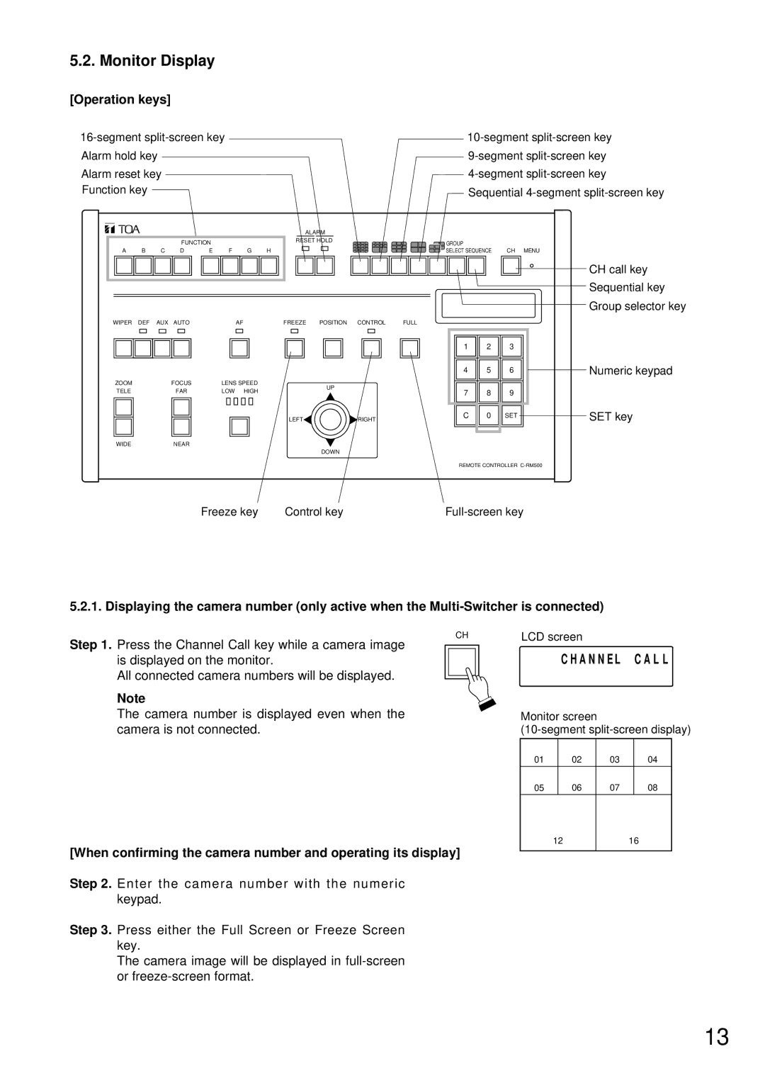 TOA Electronics C-RM500 operating instructions Monitor Display, A N N E L C a L L, Operation keys 