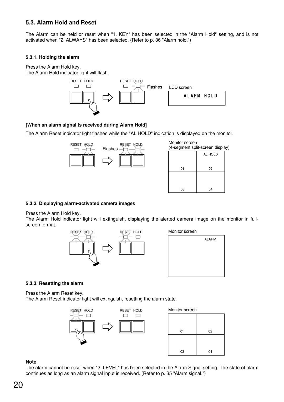 TOA Electronics C-RM500 operating instructions Alarm Hold and Reset, Alarm H O L D 