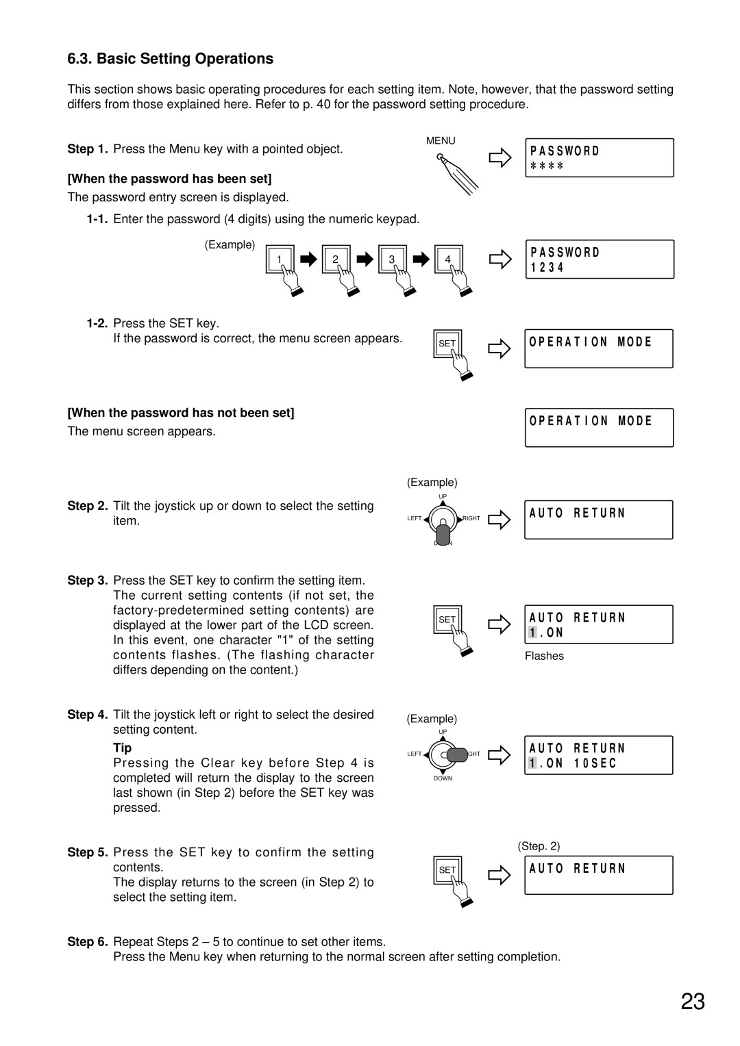 TOA Electronics C-RM500 Basic Setting Operations, S S W O R D, E R a T I O N M O D E, T O R E T U R N 