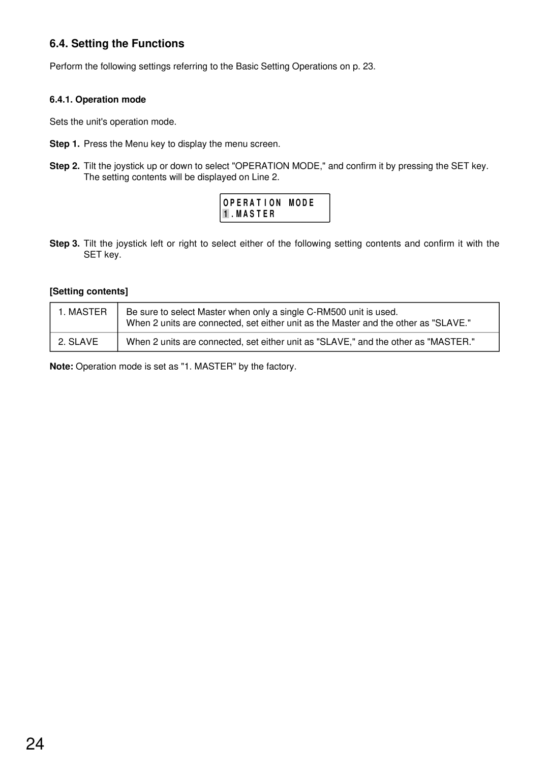 TOA Electronics C-RM500 Setting the Functions, Operation mode, E R a T I O N M O D E 1 . M a S T E R, Setting contents 
