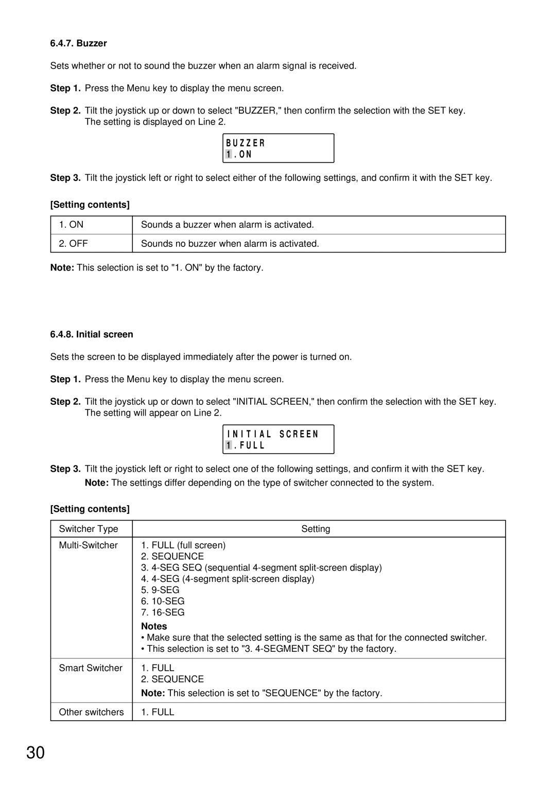 TOA Electronics C-RM500 operating instructions I T I a L S C R E E N 1 . F U L L, Buzzer, Z Z E R 1 . O N, Initial screen 