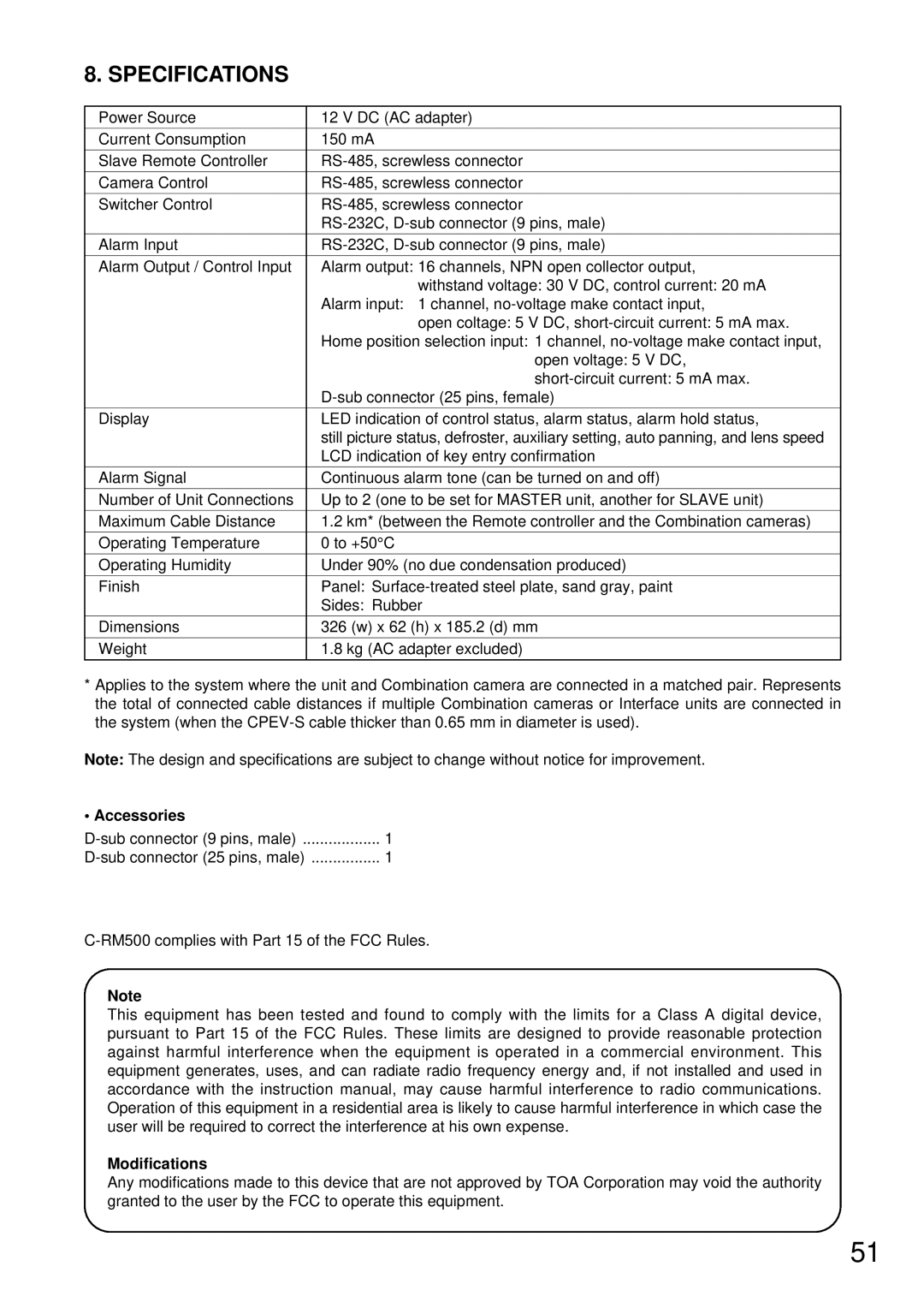 TOA Electronics C-RM500 operating instructions Specifications, Accessories, Modifications 